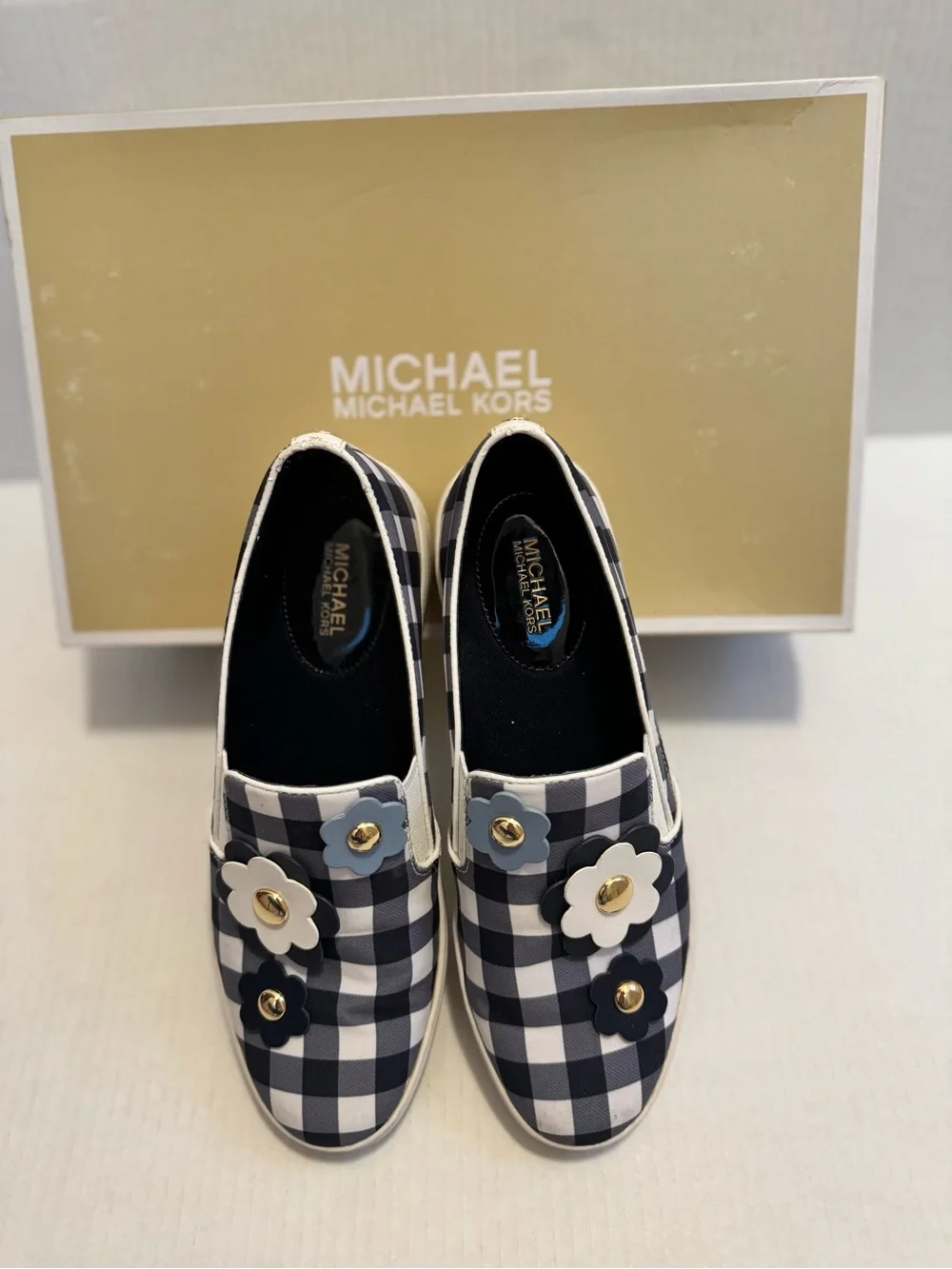 Michael Kors Women’s Navy and White Gingham Floral Slip-On Sneakers-size 7.5